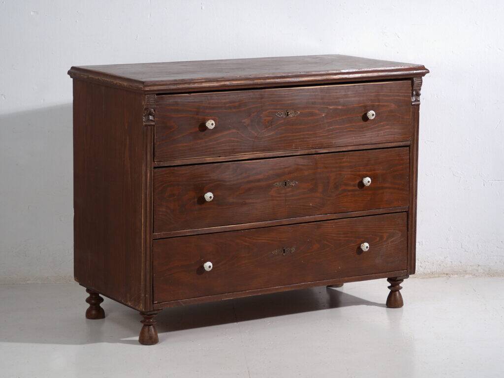 Antique solid pine chest of drawers – European rustic furniture with ceramic handles – circa 1900