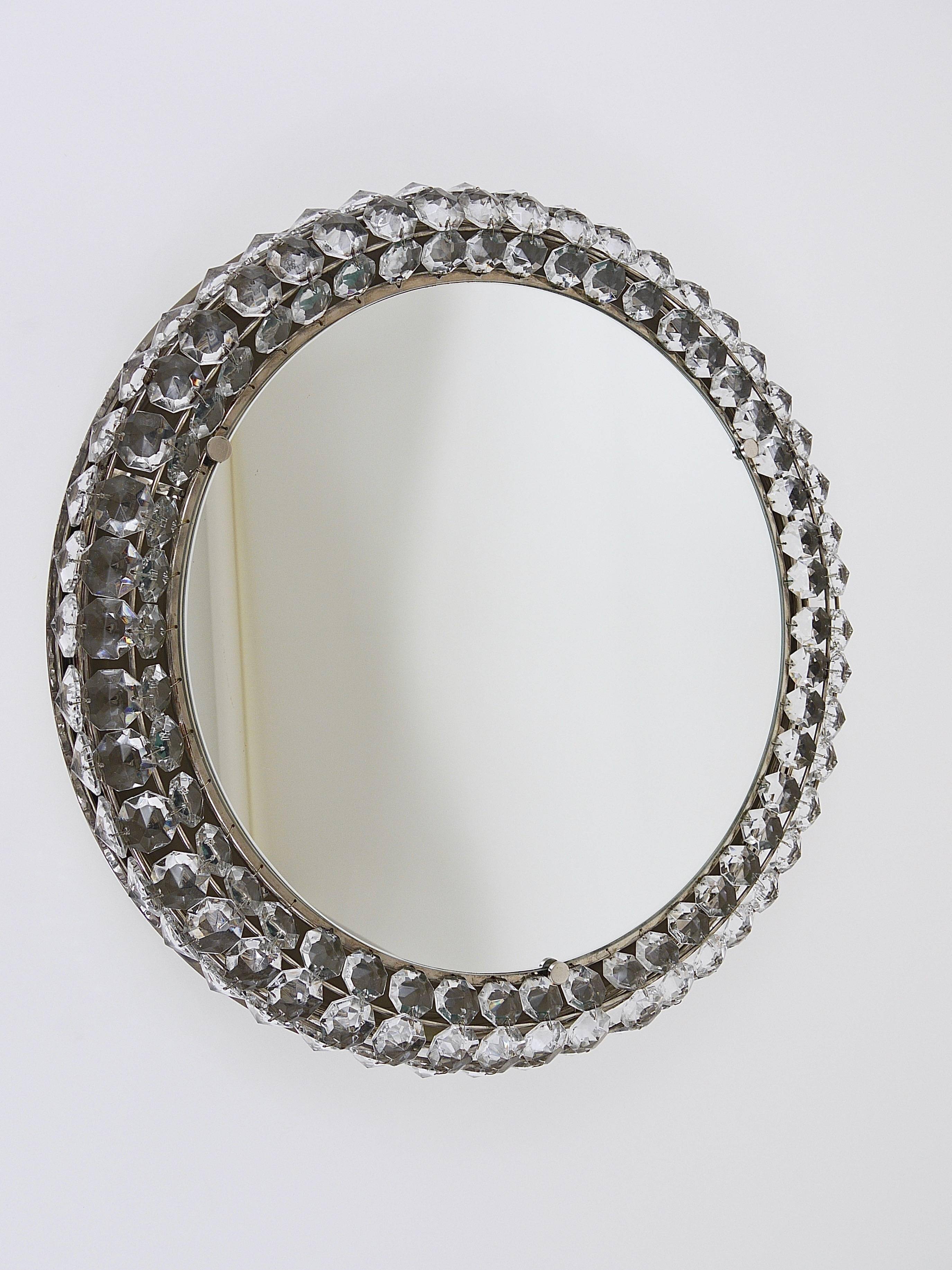 Backlit circular wall mirror Bakalowits Vienna with large crystals, Austria, 1950s