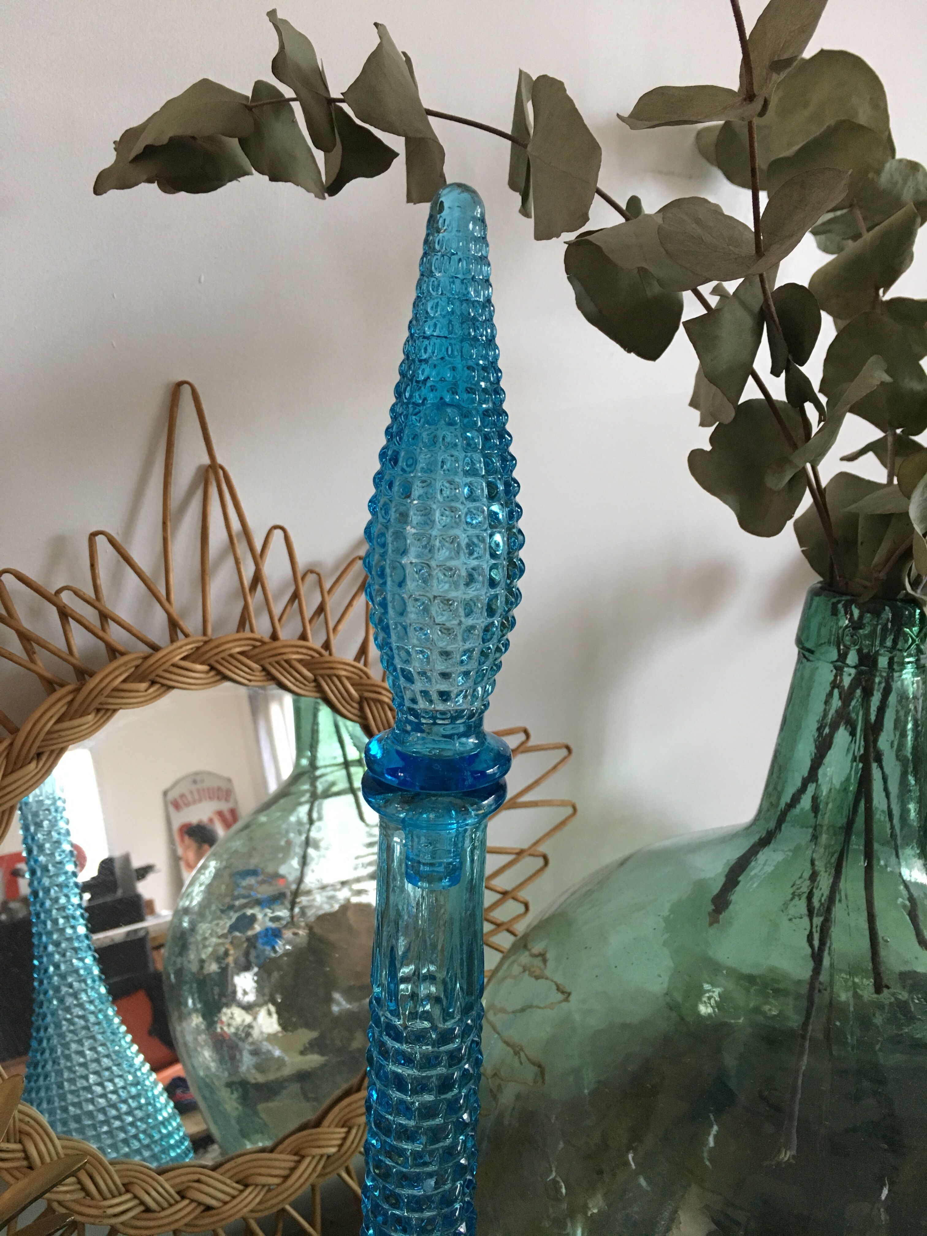 Turquoise blue textured glass carafe