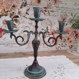 Set of 2 candlesticks 3 bobèches in patinated brass vert-de-gris