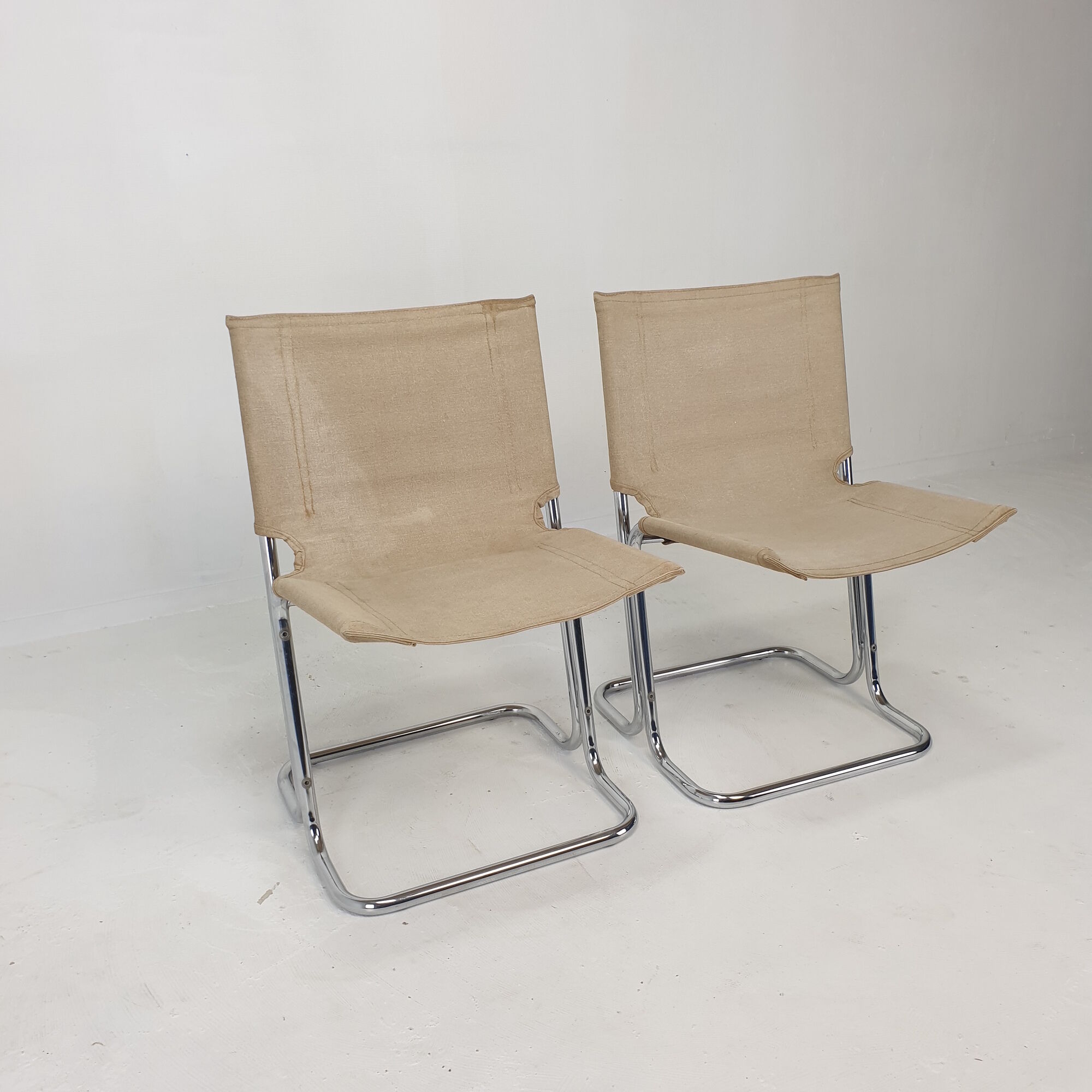 Set of 2 italian canvas and chromed metal chairs, 1970's