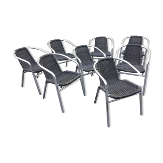 Huit fauteuils terrasse de café aluminium Roland Vlaemynck (empilables)