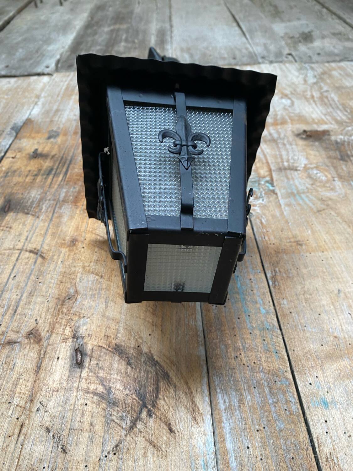 Antique black metal lantern pendant + glass fleur de lys decor vintage