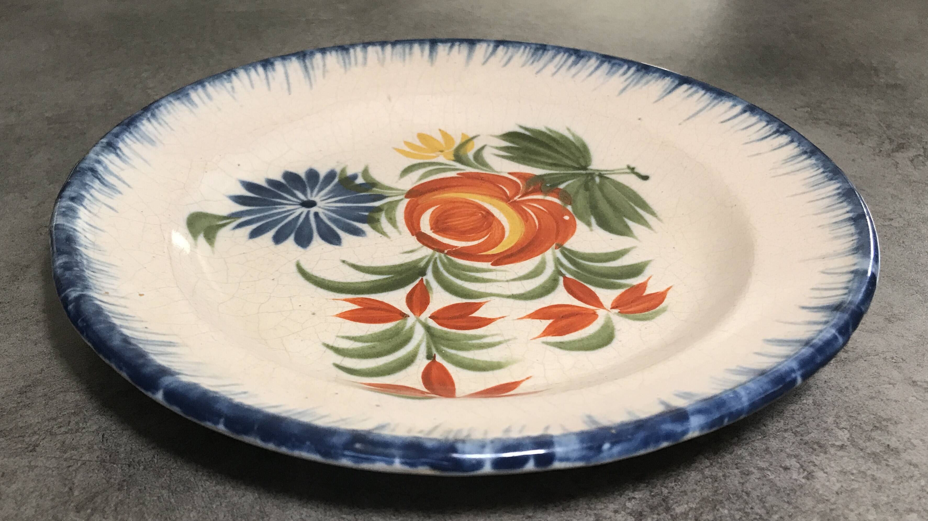 Old plate in auvillar earthenware, floral painting decoration, 19th century