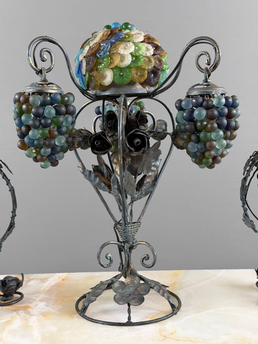 Set of three lamps in bronze and polychrome Murano glass, 20th century