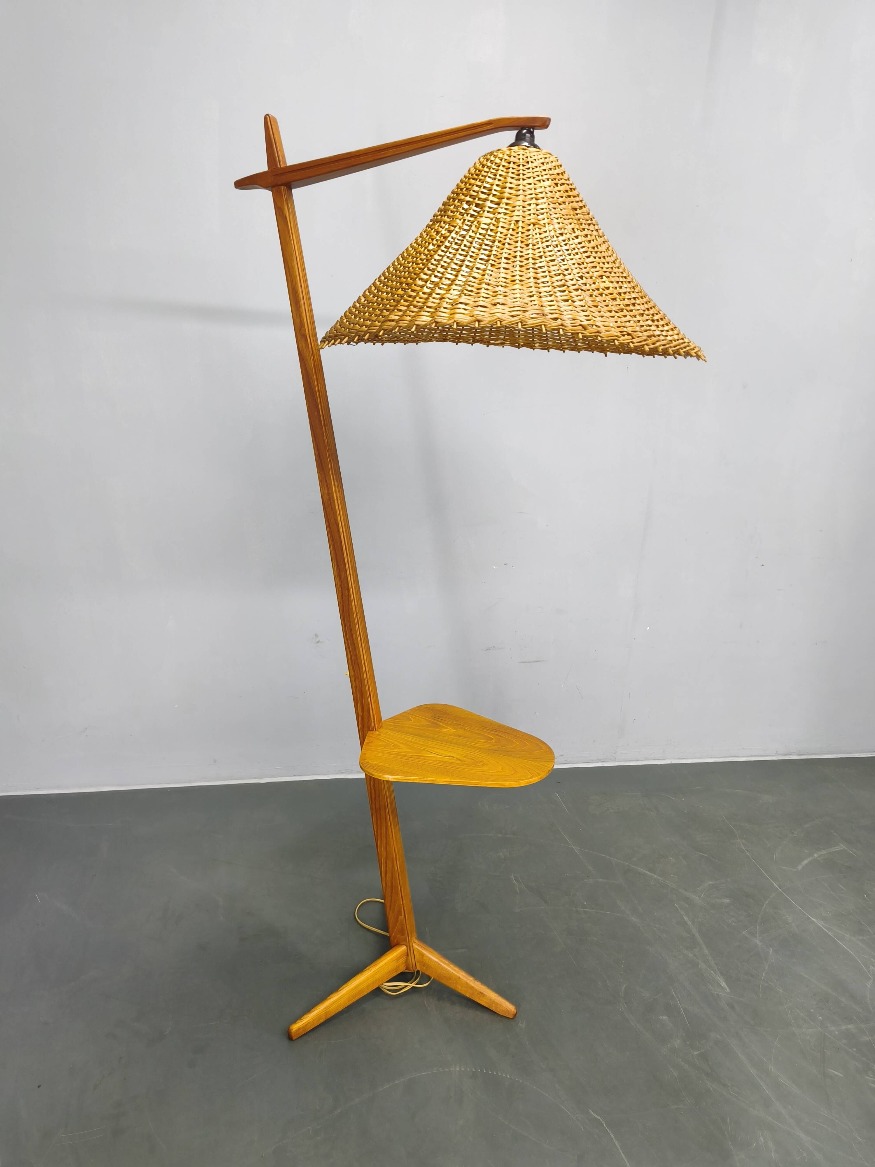 Mid-Century Floor Lamp with Rattan Shade, Czechoslovakia, 1960s