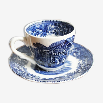 Tasse avec sa sous tasse anglaise ancienne en porcelaine décor bleu