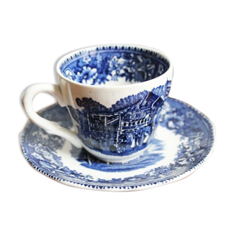Tasse avec sa sous tasse anglaise ancienne en porcelaine décor bleu