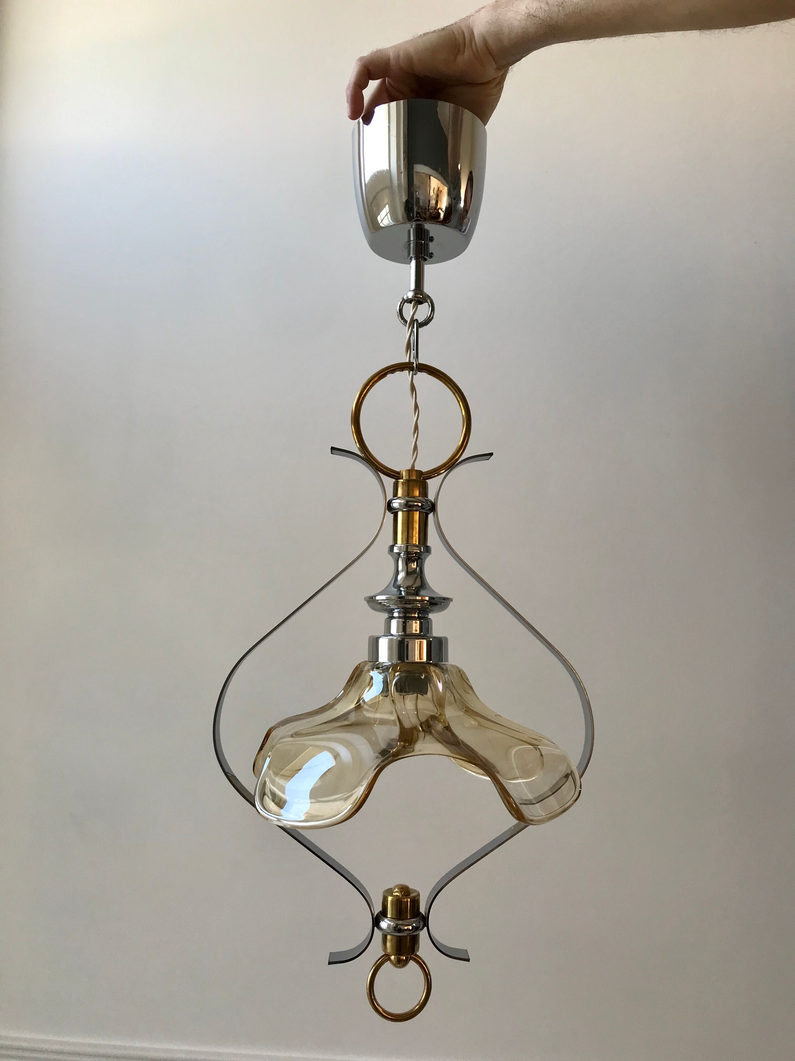 Petal hanging lamp in glass, brass and chrome metal 50