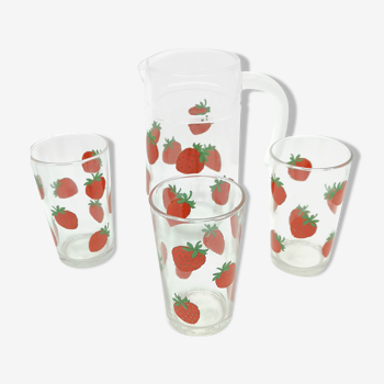 Service with vintage glass lemonade glasses and pitcher strawberry pattern