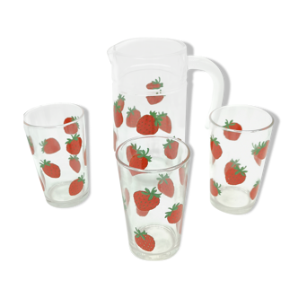 Service with vintage glass lemonade glasses and pitcher strawberry pattern