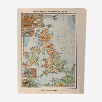 Carte de la Grande-Bretagne et l'Irlande physique de 1945