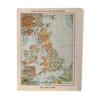 Carte de la Grande-Bretagne et l'Irlande physique de 1945