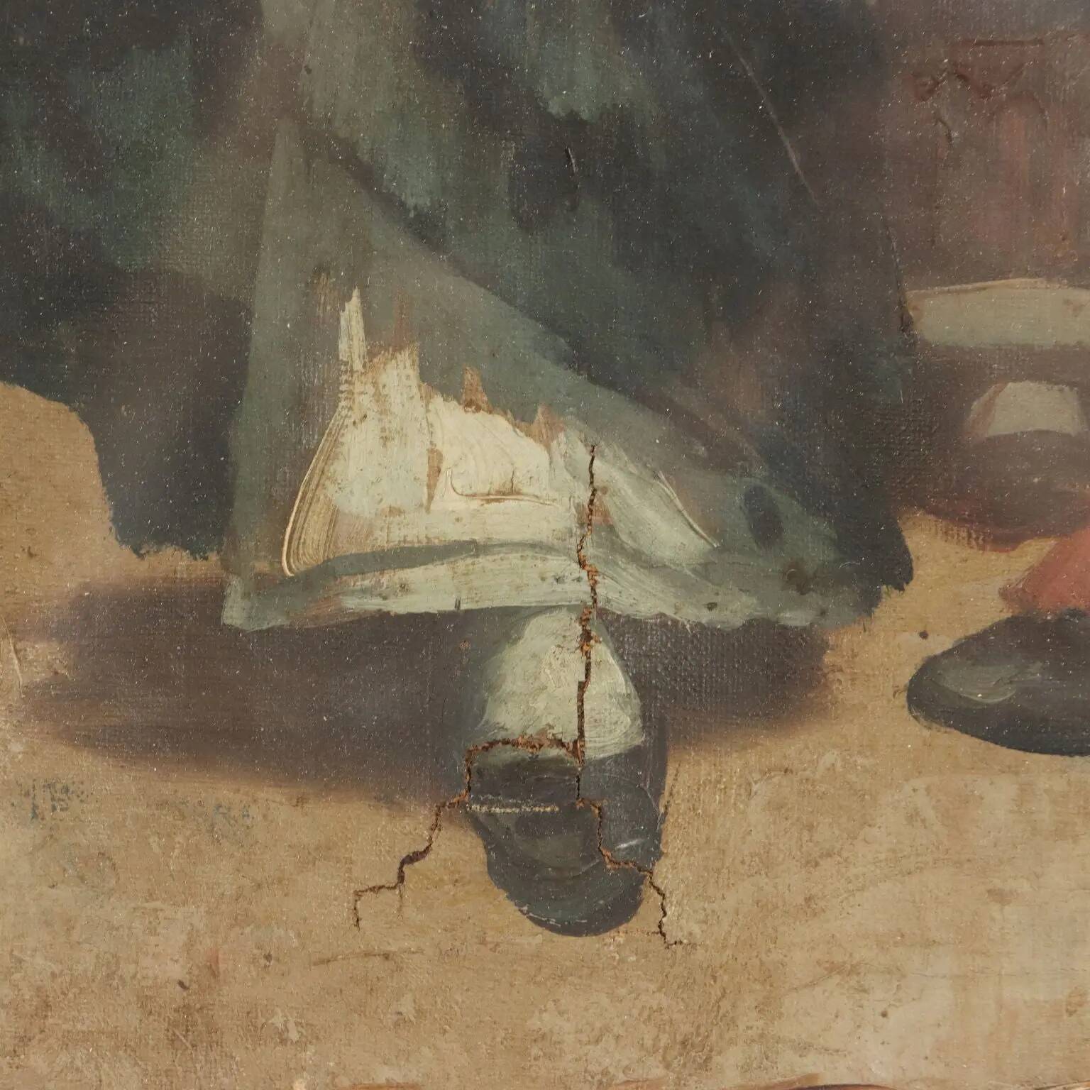 Portrait of 3 commoners, old oil painting on canvas from the 1800s.