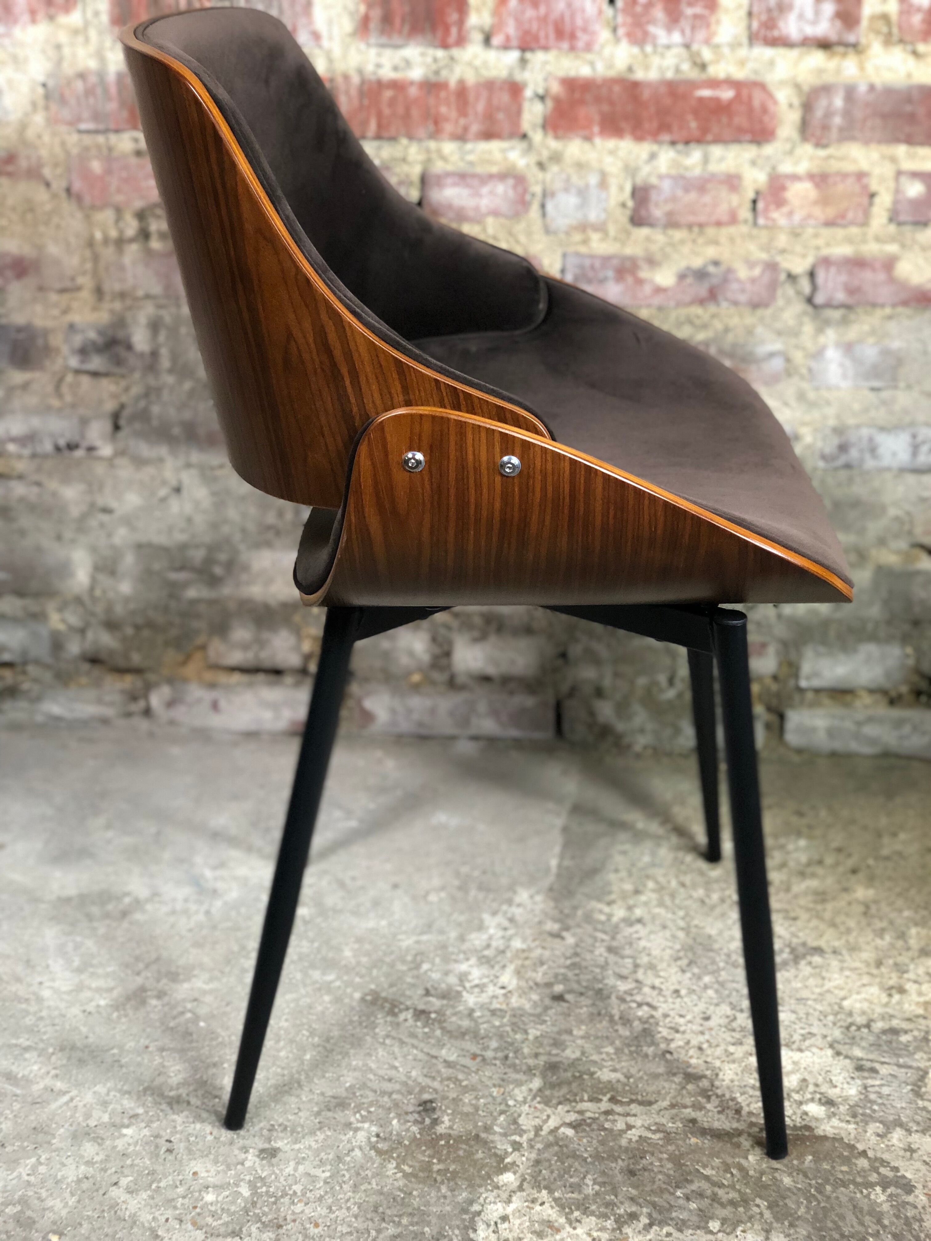 Scandinavian style chairs in curved plywood covered with brown fabric
