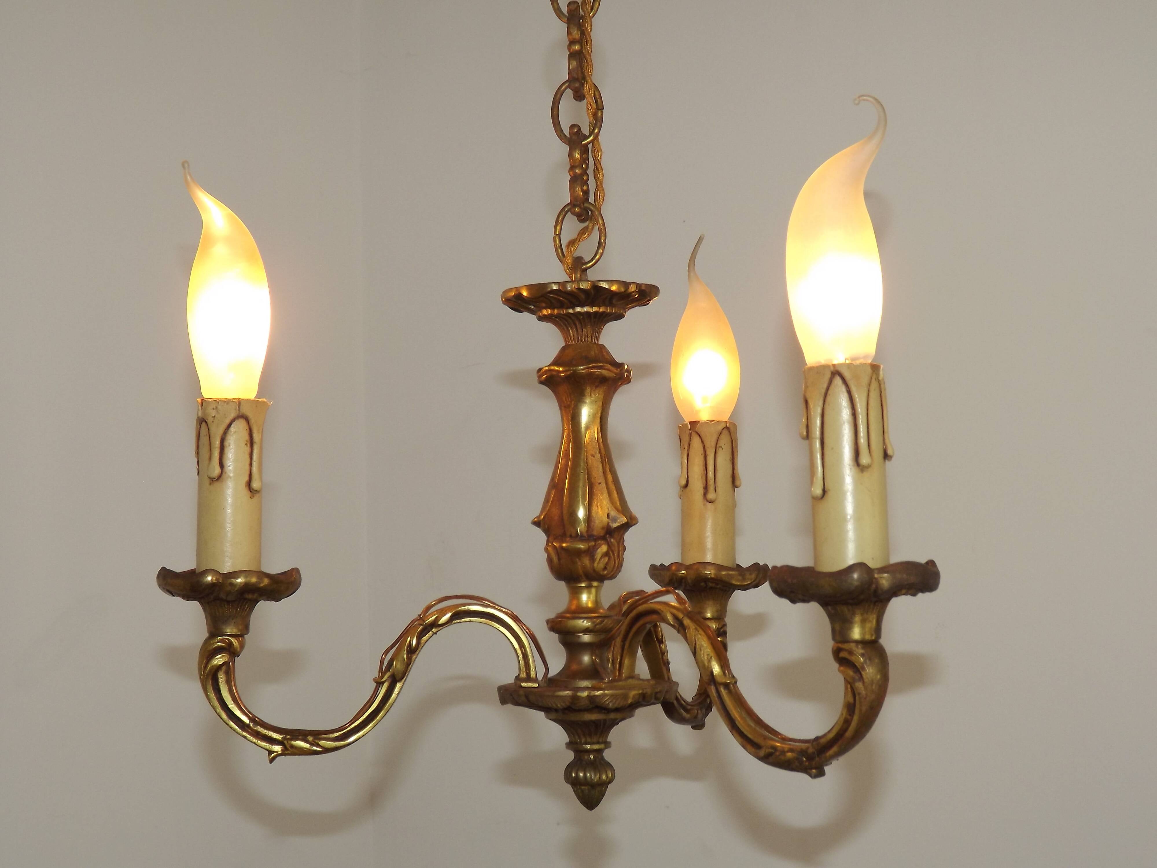 French Antique Art Nouveau Style 3-Light Quality Bronze Chandelier