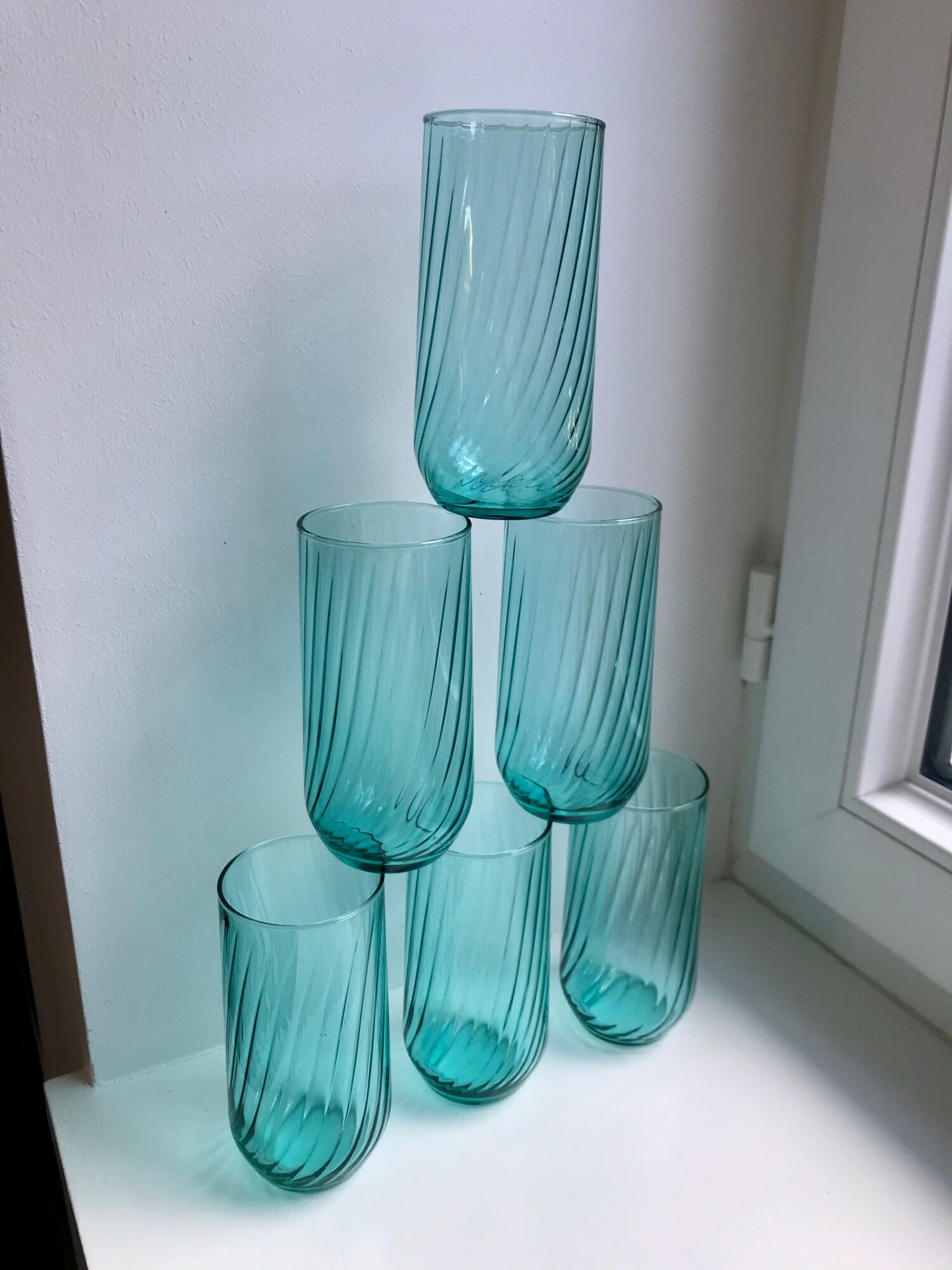 Set of 6 turquoise striped glasses 70s