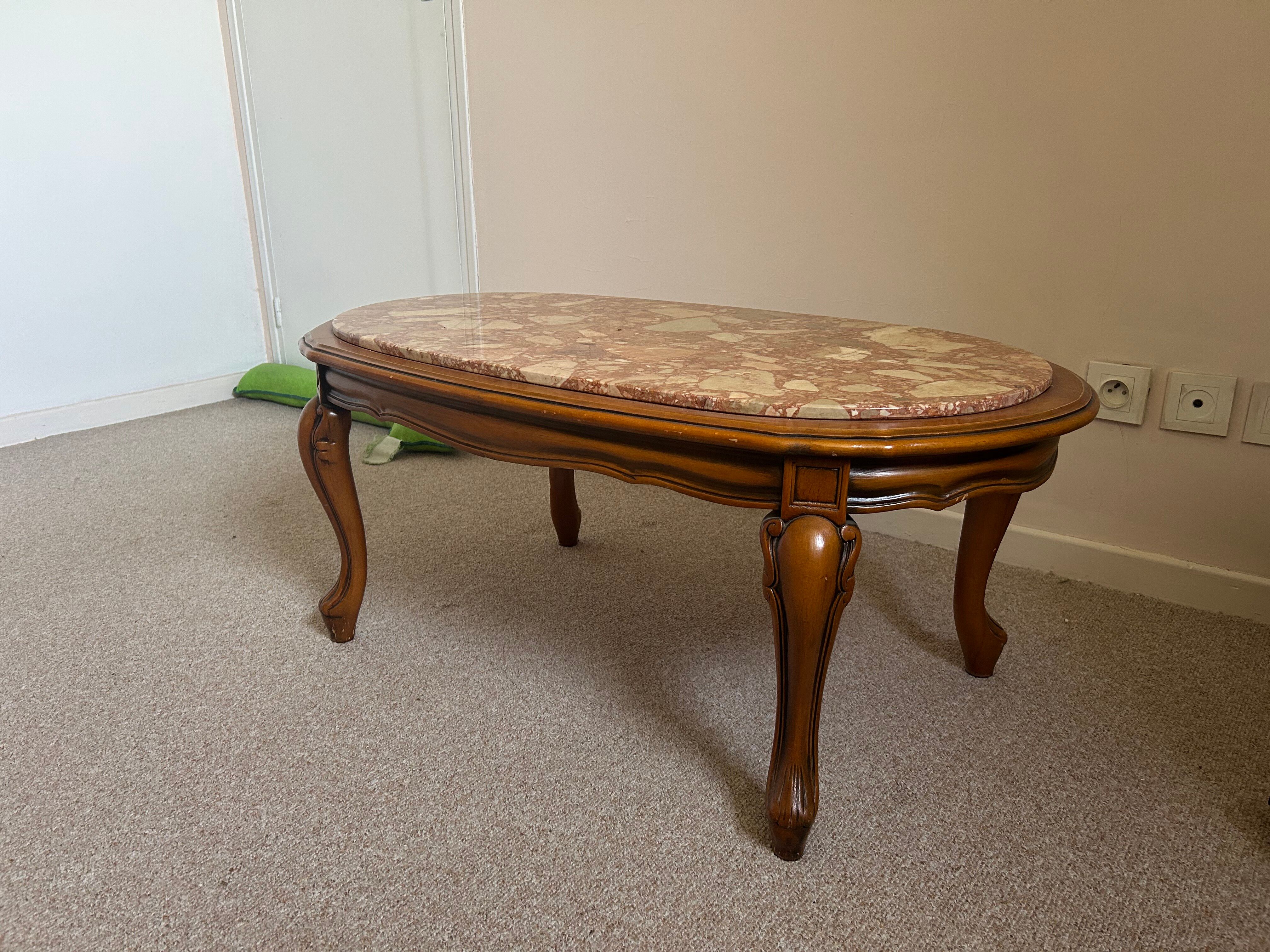 Louis XV style coffee table with marble and solid wood.