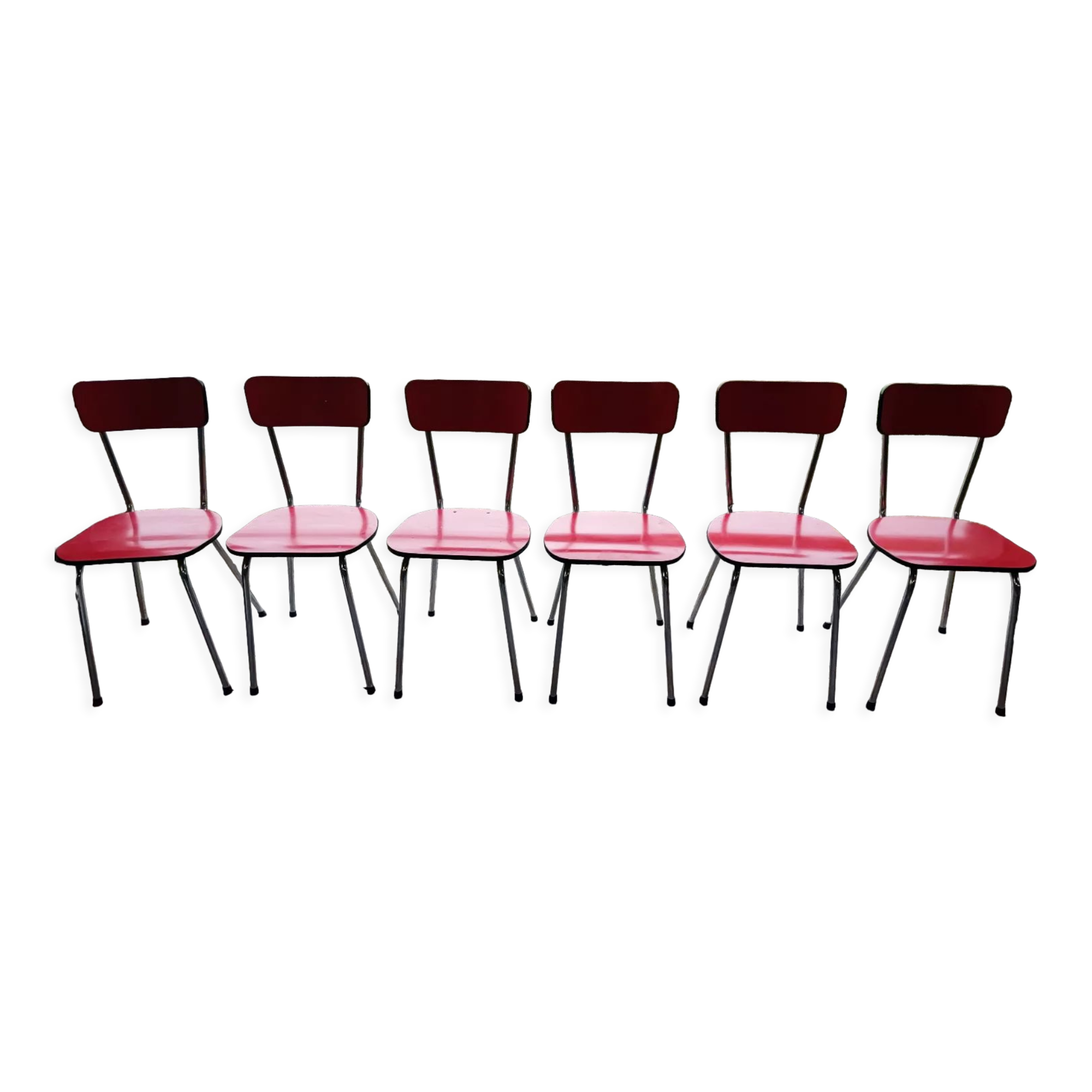 6 red and chrome Formica chairs