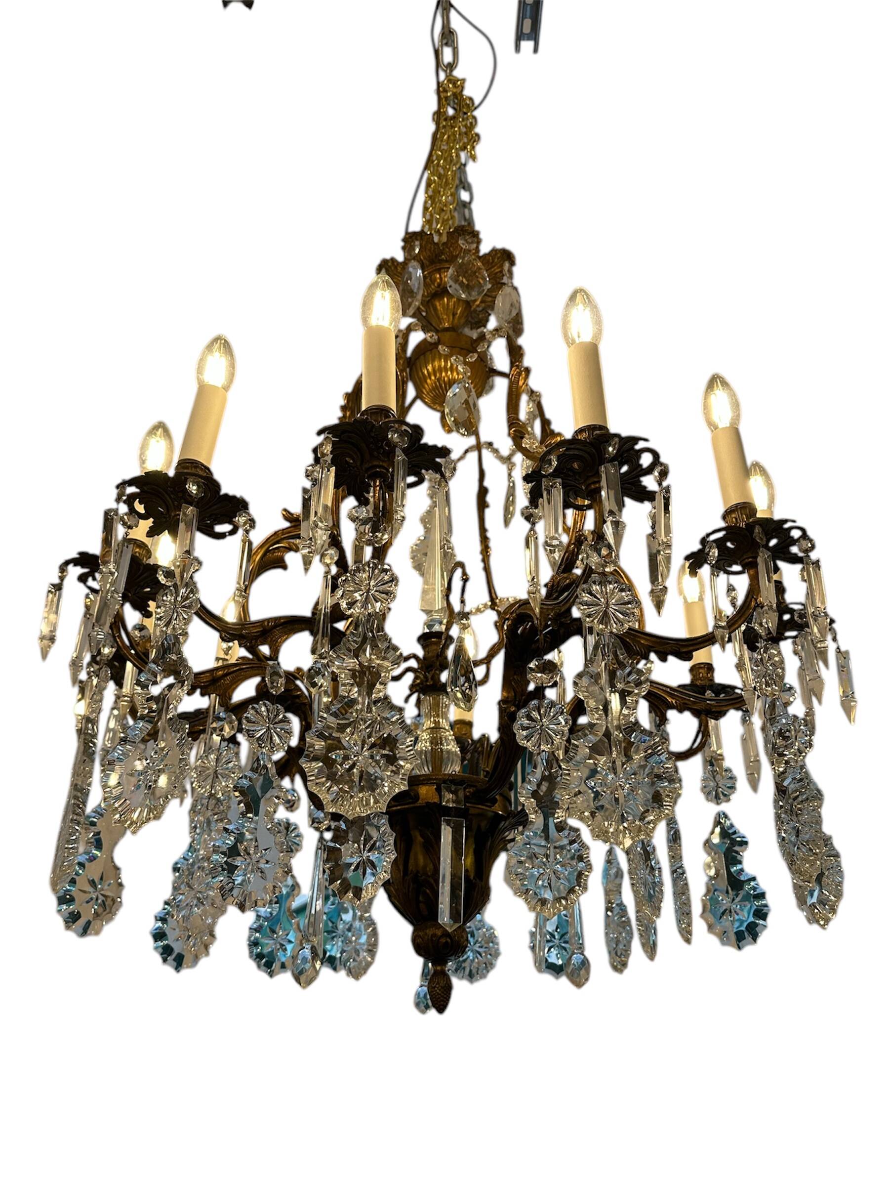 Italian 1940’s Bronze brass and Crystal chandelier