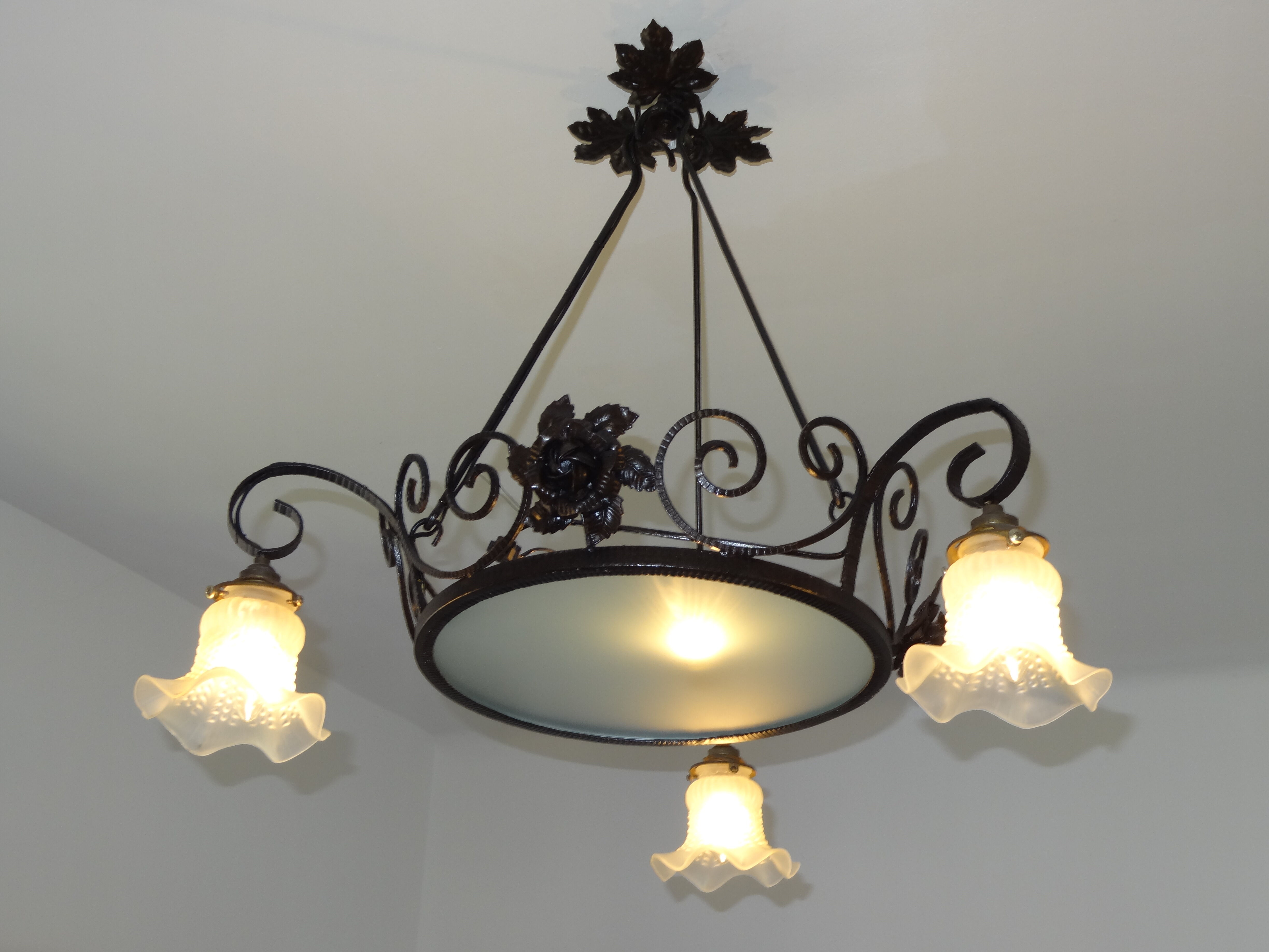 iron and opalin glass hanging lamp