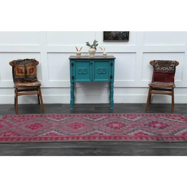 1970s Vintage Turkish Oushak Handmade Wool Cotton Purple Runner Rug 108x292