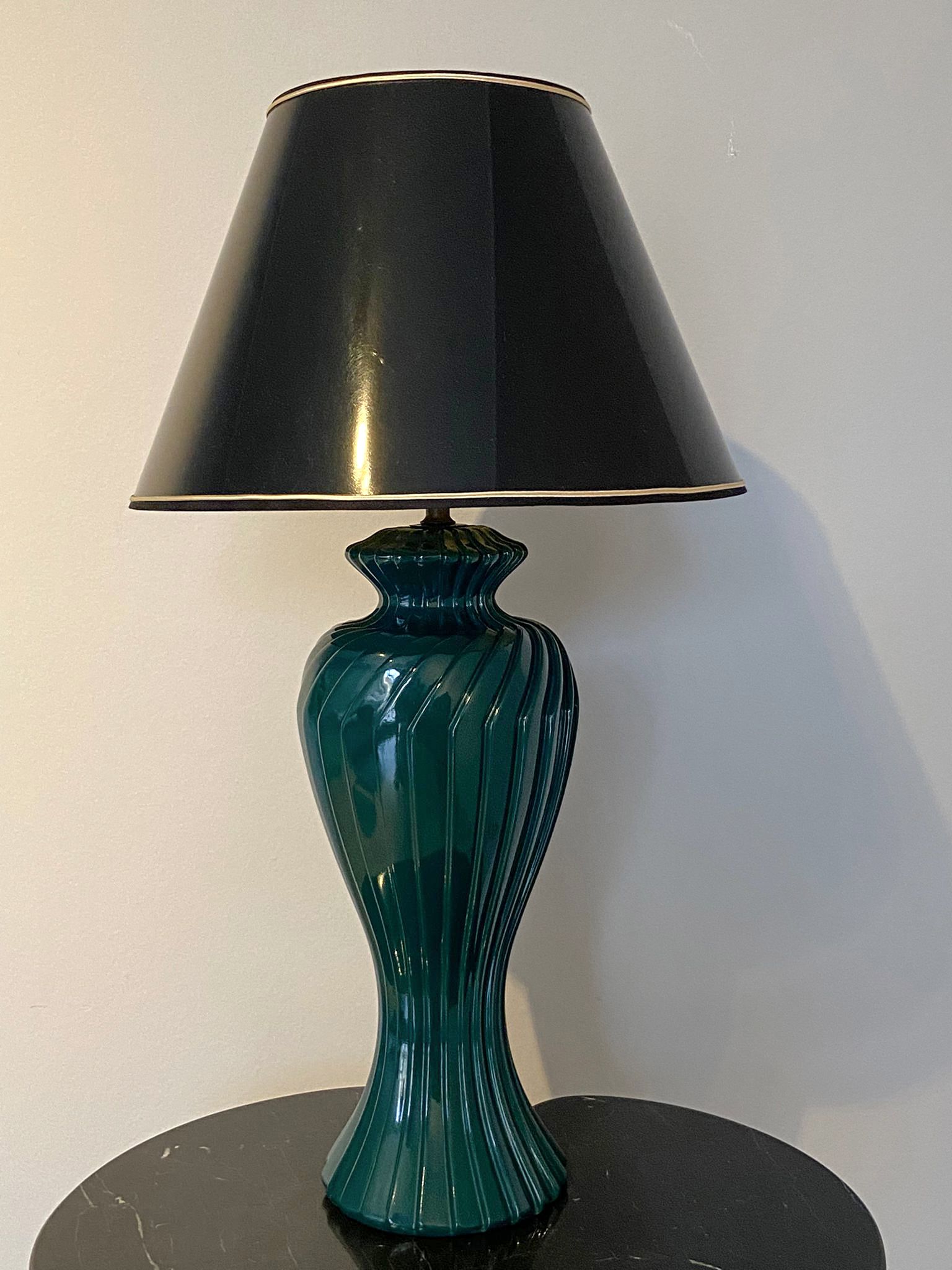 Green lacquered porcelain table lamp, Italy 70s