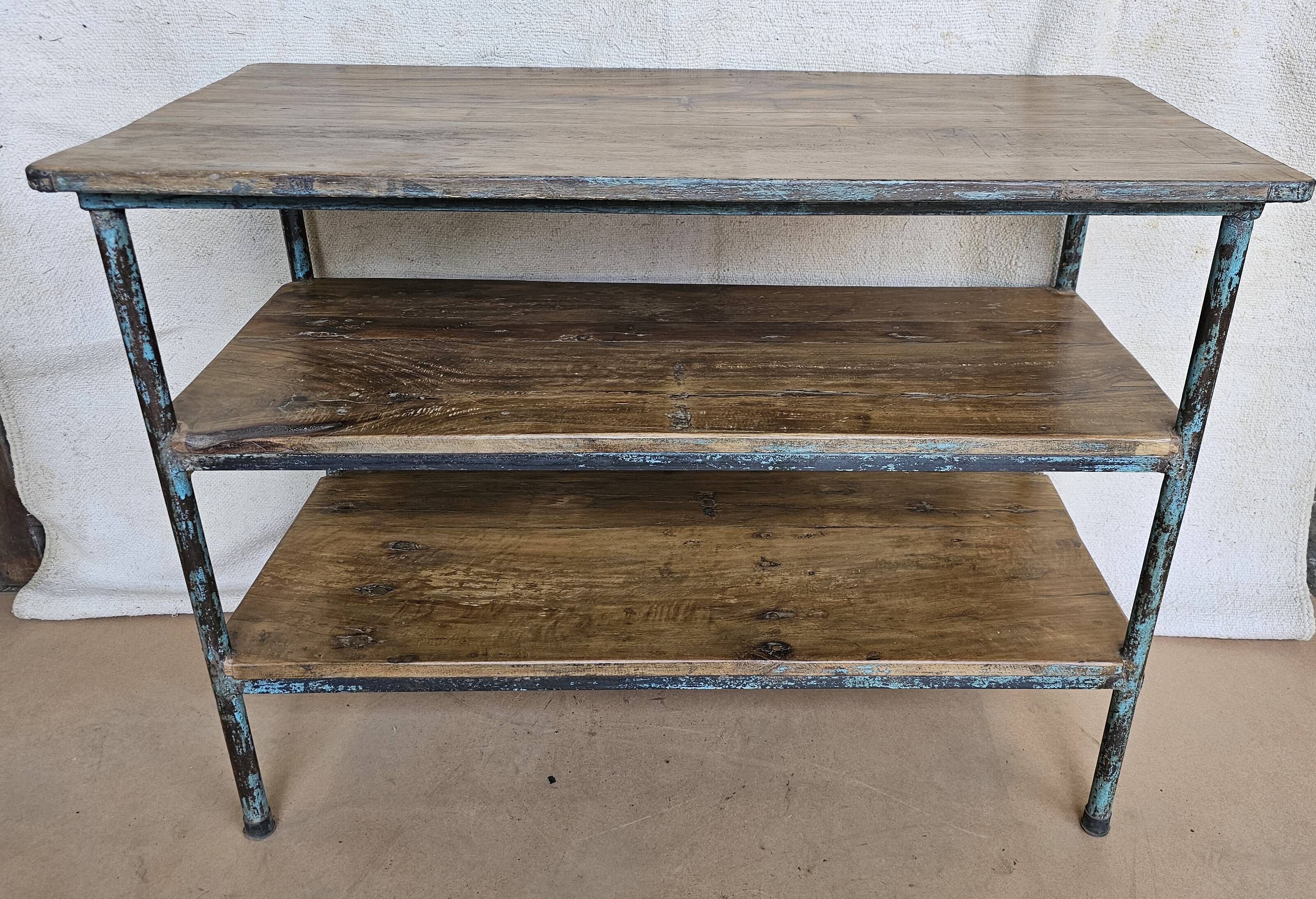Textile workshop console in teak and wrought iron