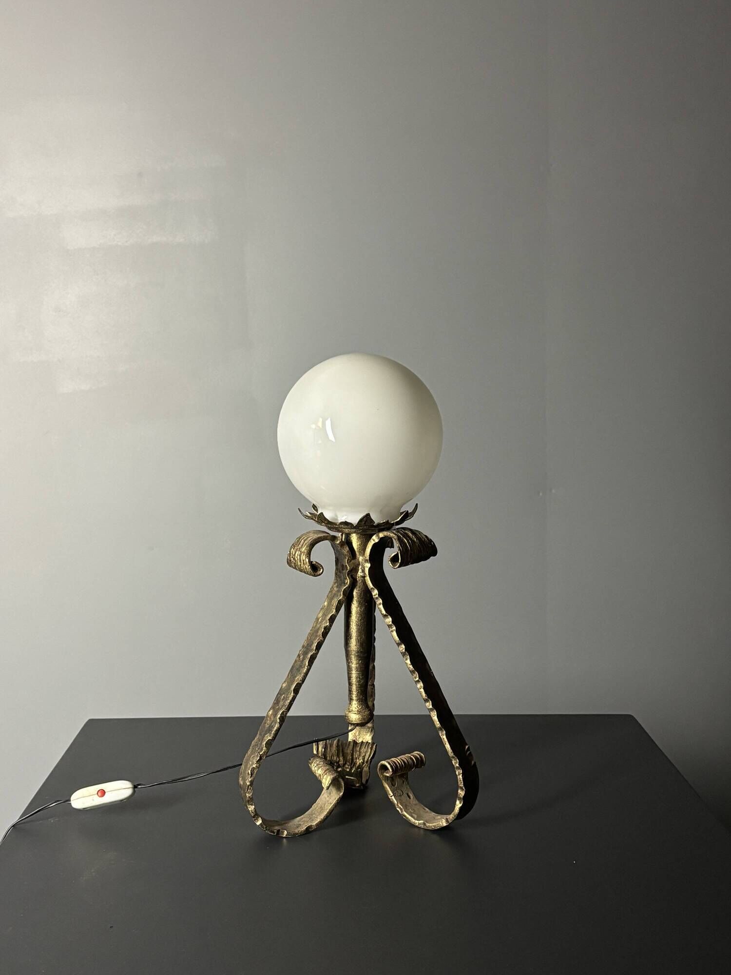 Midcentury brutalist wrought iron and opaline table lamp, Spain ca 1960s