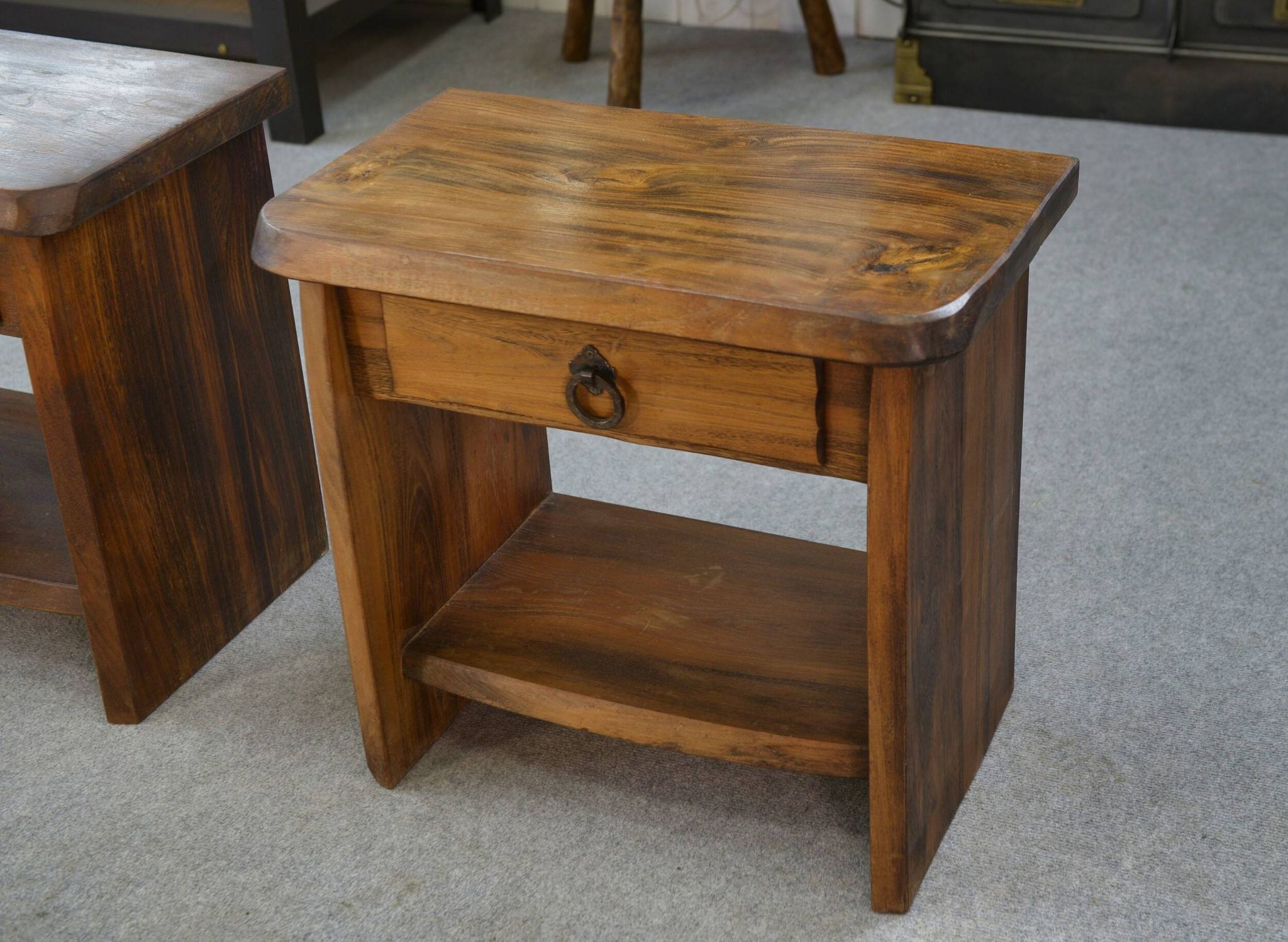 Brutalist pair of nightstands in solid elm by Aranjou 1960