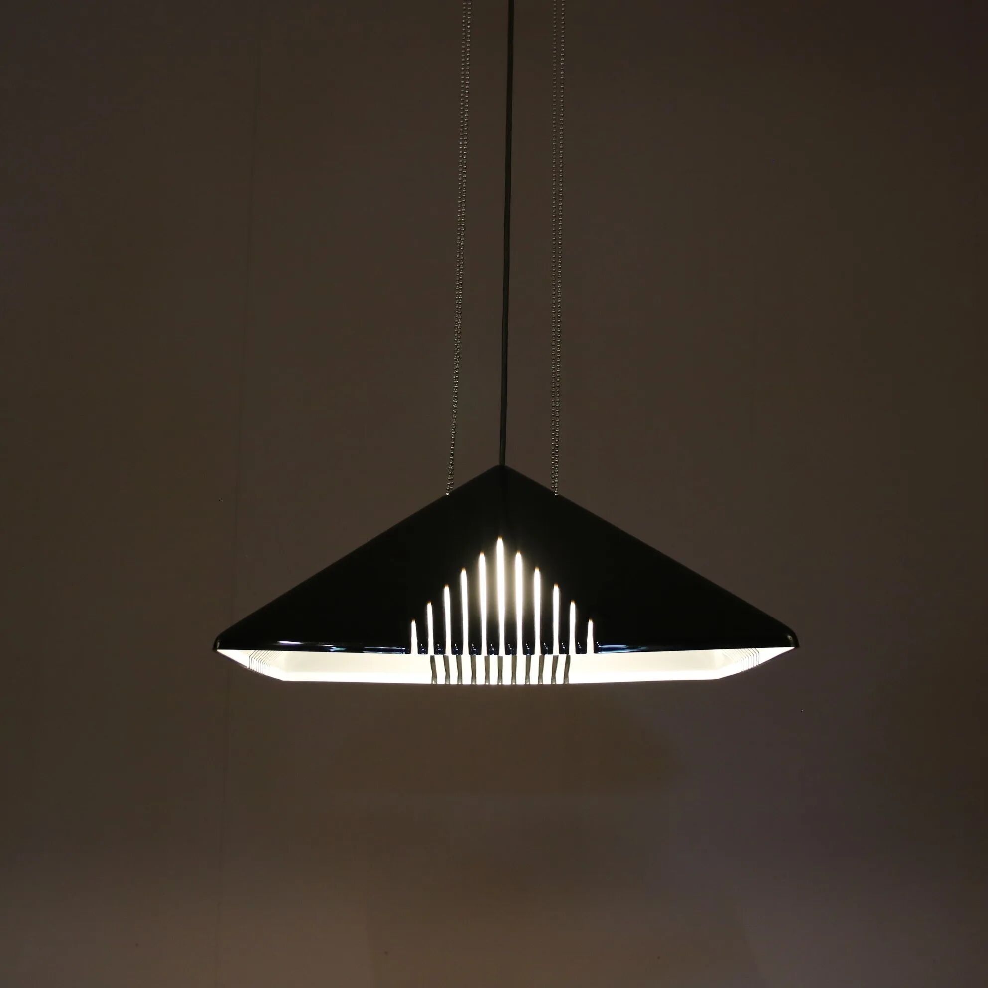 Black plexiglass pendant lamp from the 1980s, mounted on chains, originating from Italy.