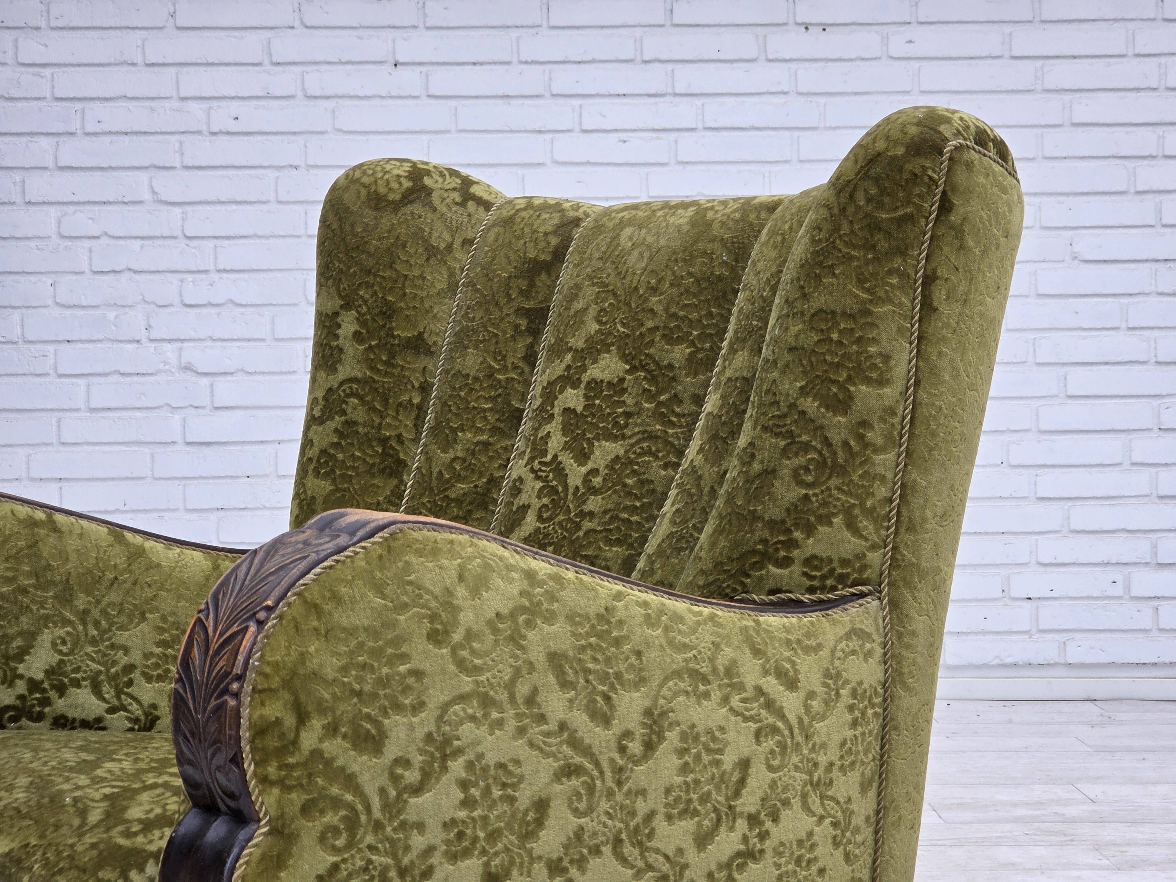 1950s, Danish relax chair. Furniture velour, oak wood,