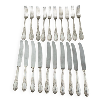 Lot de 10 fourchettes + 10 couteaux poinçon argent 800 style louis xv