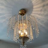 Lustre cascade en laiton et pampilles de cristal