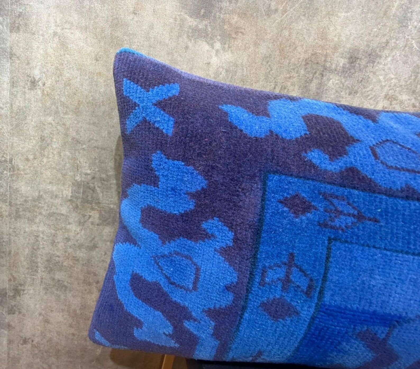 Vintage Turkish Wool Lumbar Pillow, Handmade Blue Geometric Rug Cushion