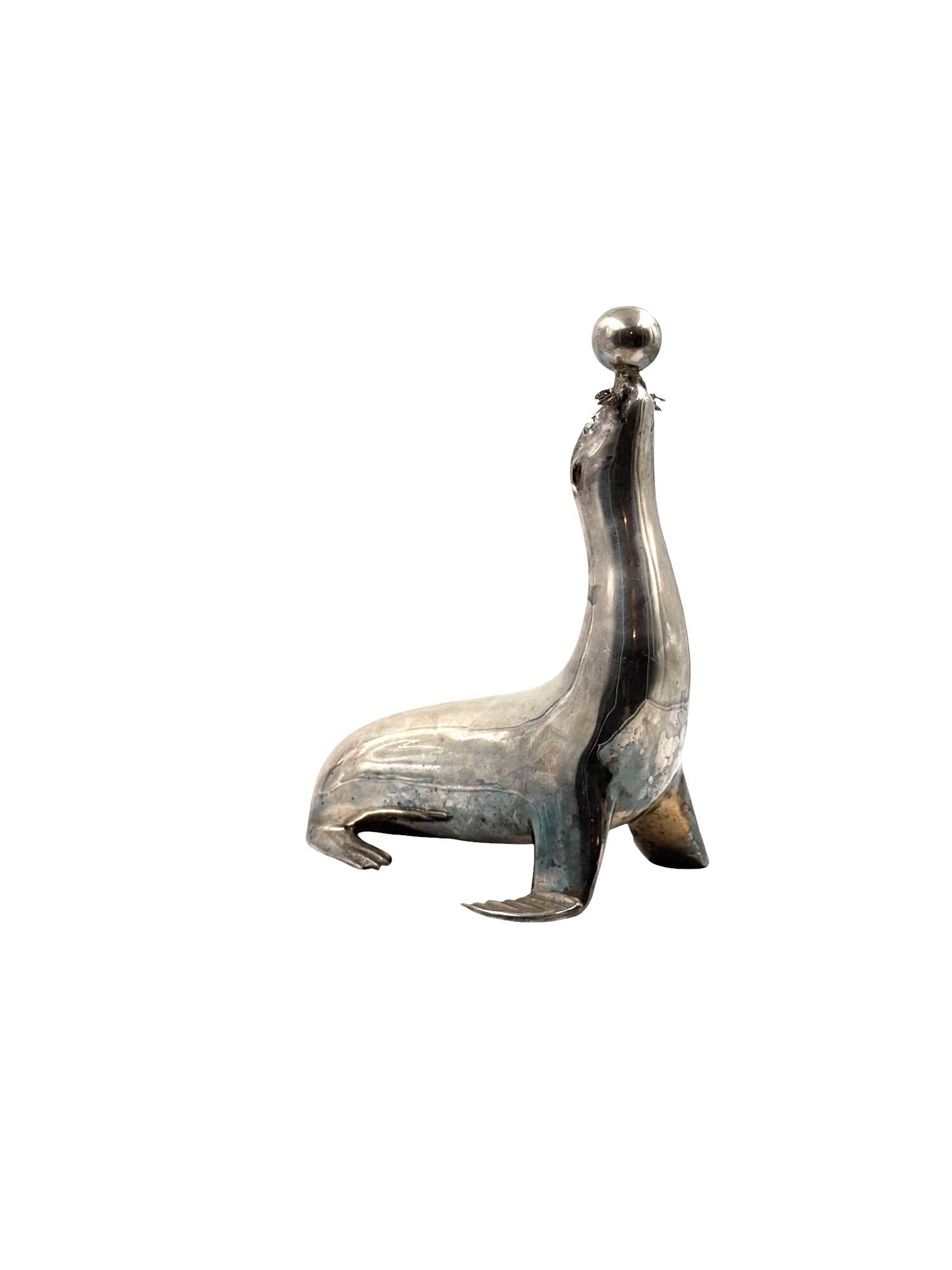 Art deco silverplated brass Seal sculpture, France 1940s