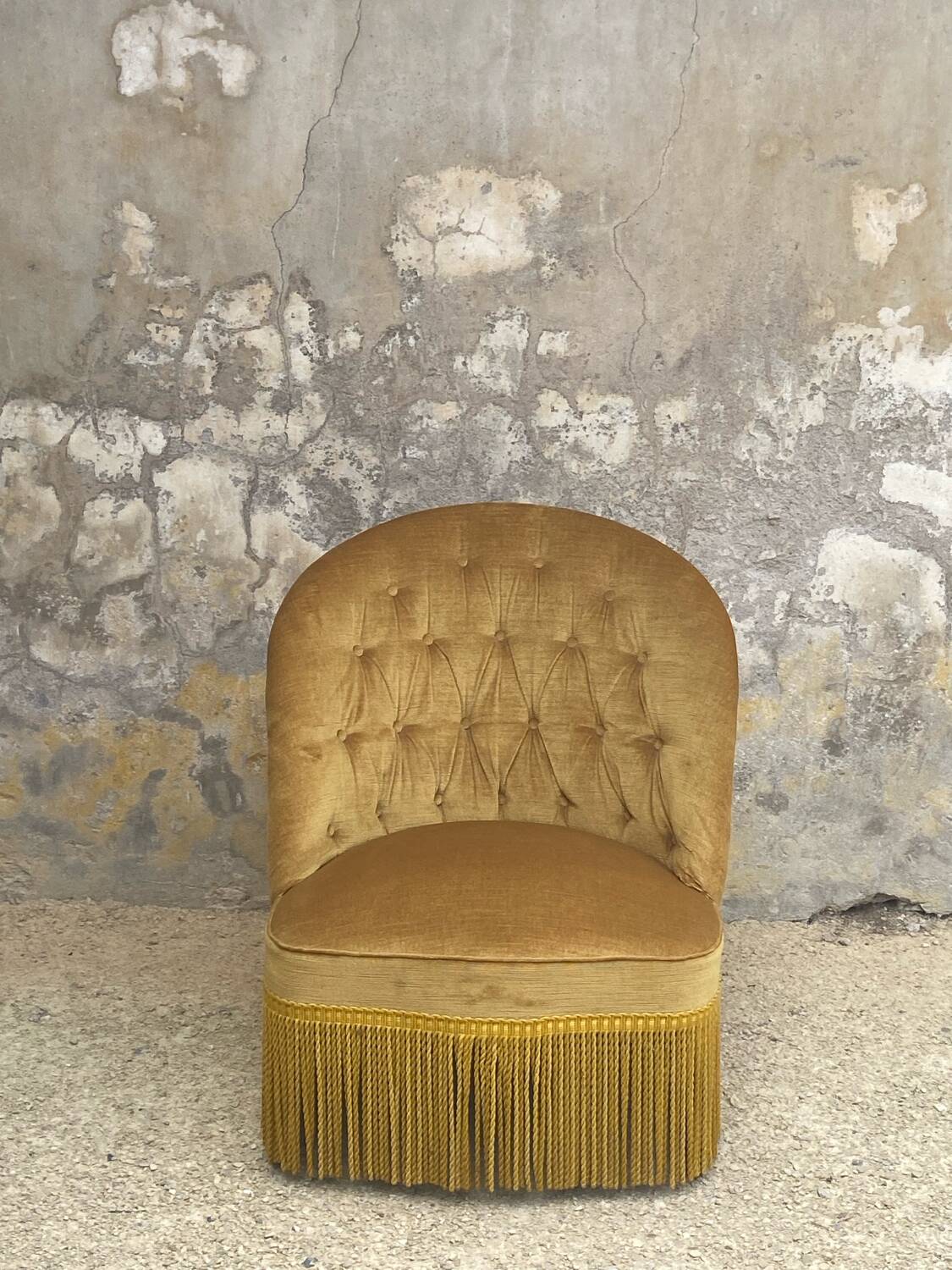Pair of vintage toad armchairs in golden yellow velvet