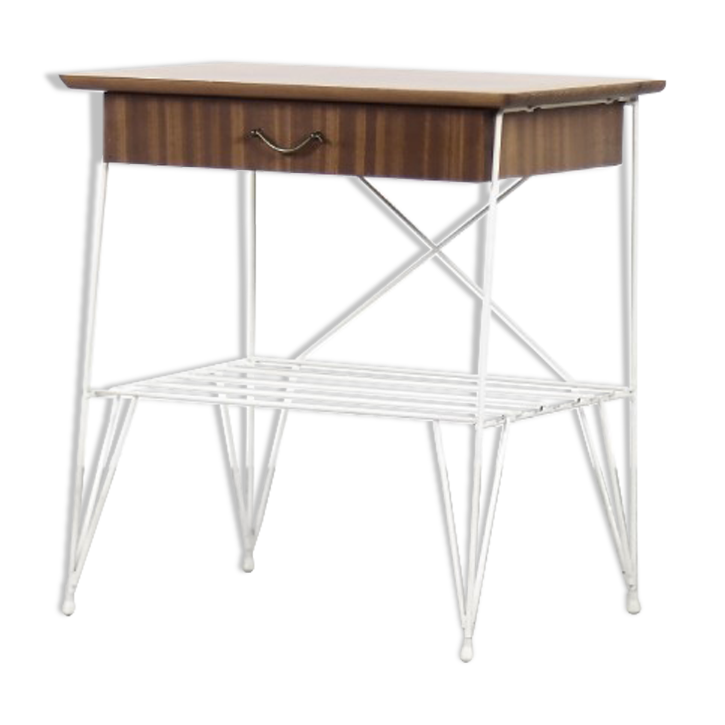 Vintage Mid-Century Scandinavian Modern Brown Walnut Nightstand with White Metal Legs, 1960s