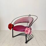 Postmodern Sculptural Armchair in Black Metal and Pink Red Silk Padding, 1980