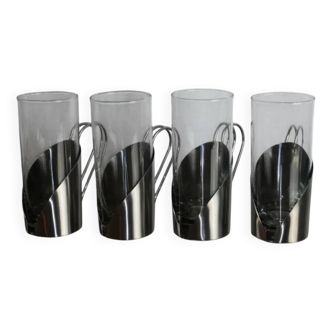 set of 4 stainless steel & glass cups