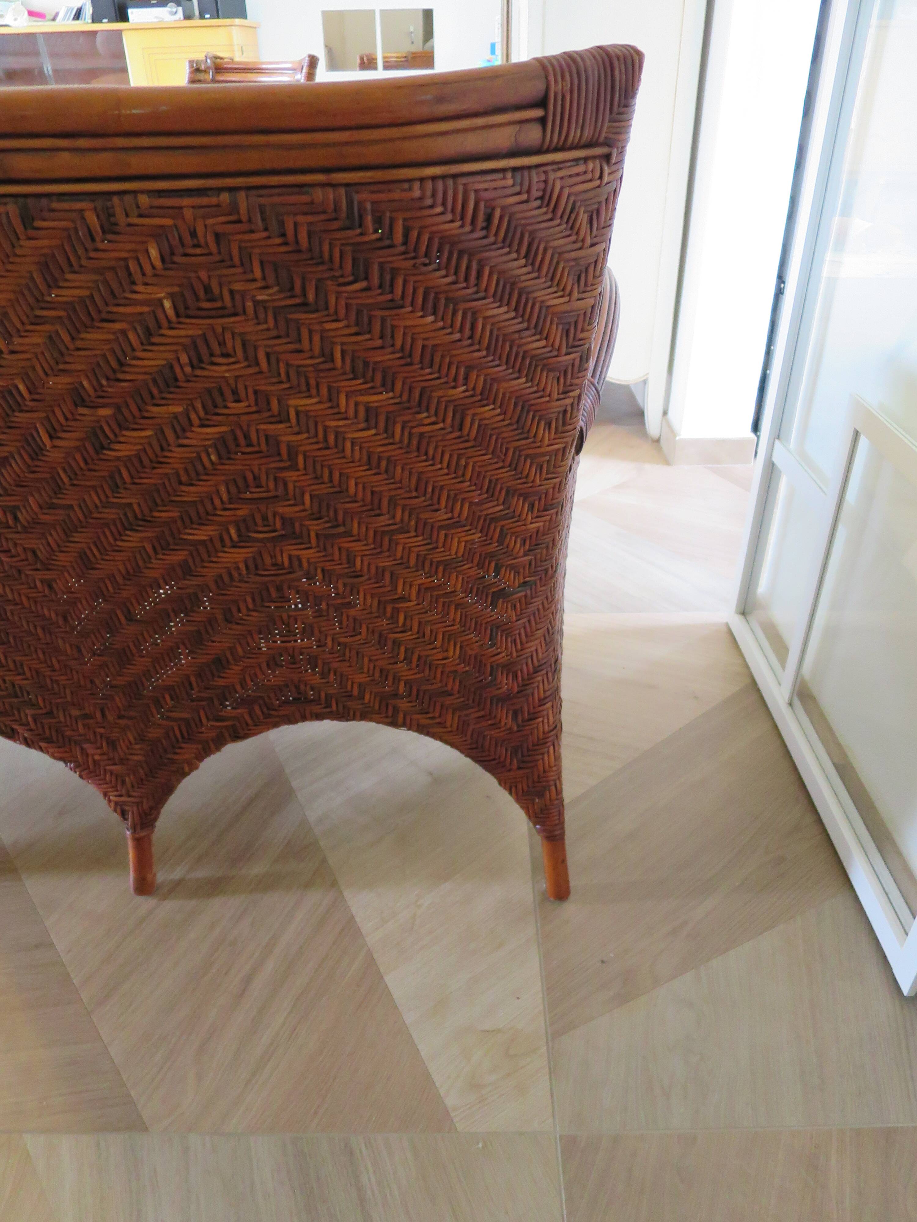Two-seater banquette in woven rattan, wood and bamboo, 1980s.