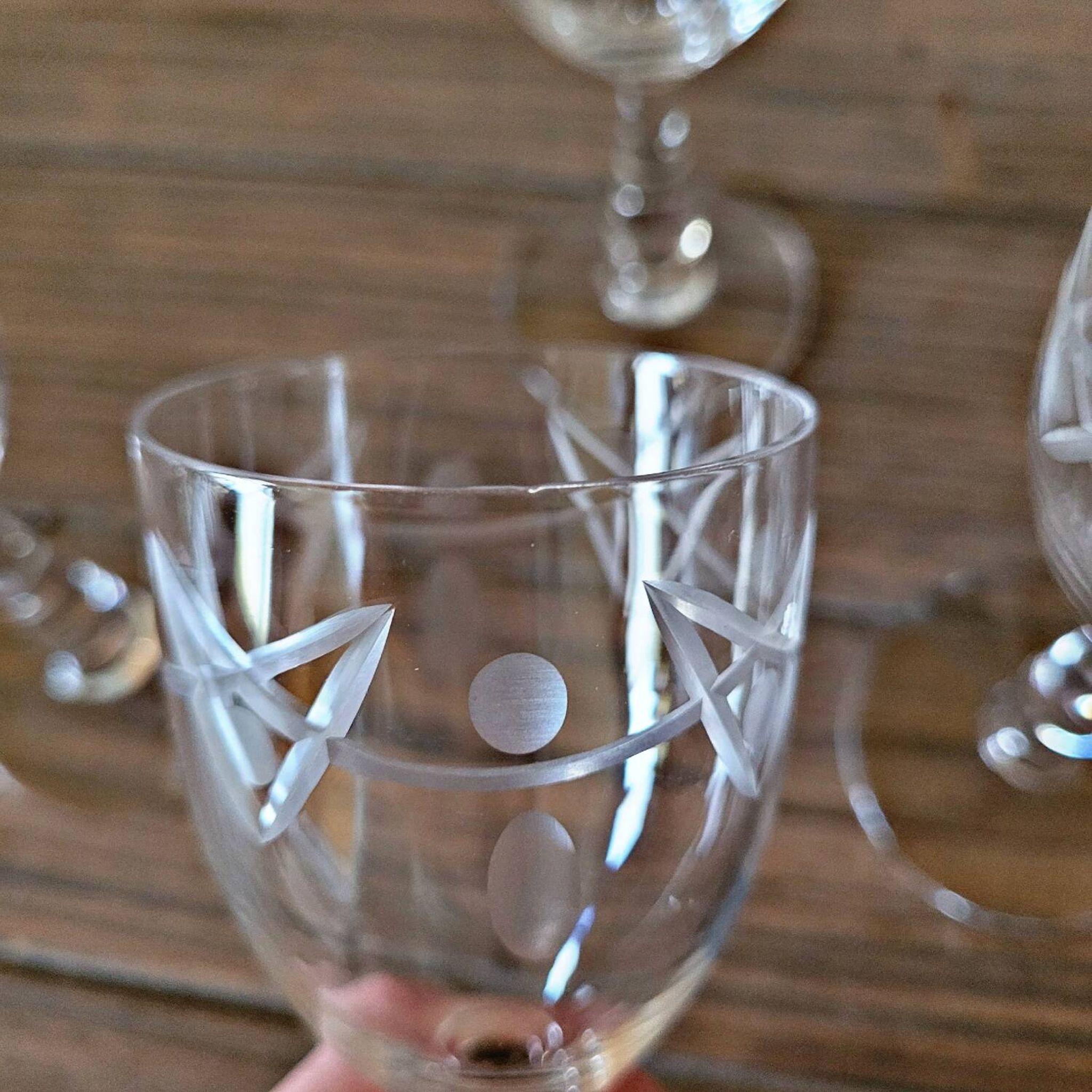 Antique liqueur (digestif) glasses in engraved crystal, geometric decoration
