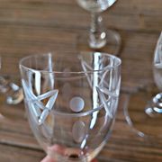 Antique liqueur (digestif) glasses in engraved crystal, geometric decoration