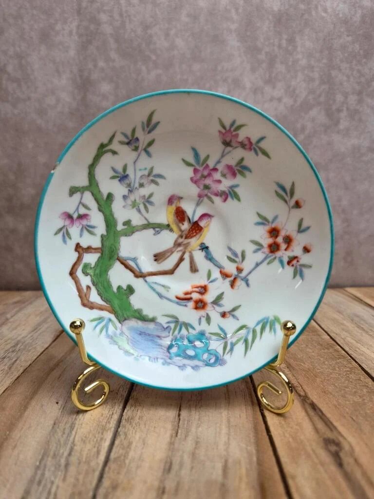 Antique Minton English Porcelain saucer – bird and flowering branch design – Chinese style