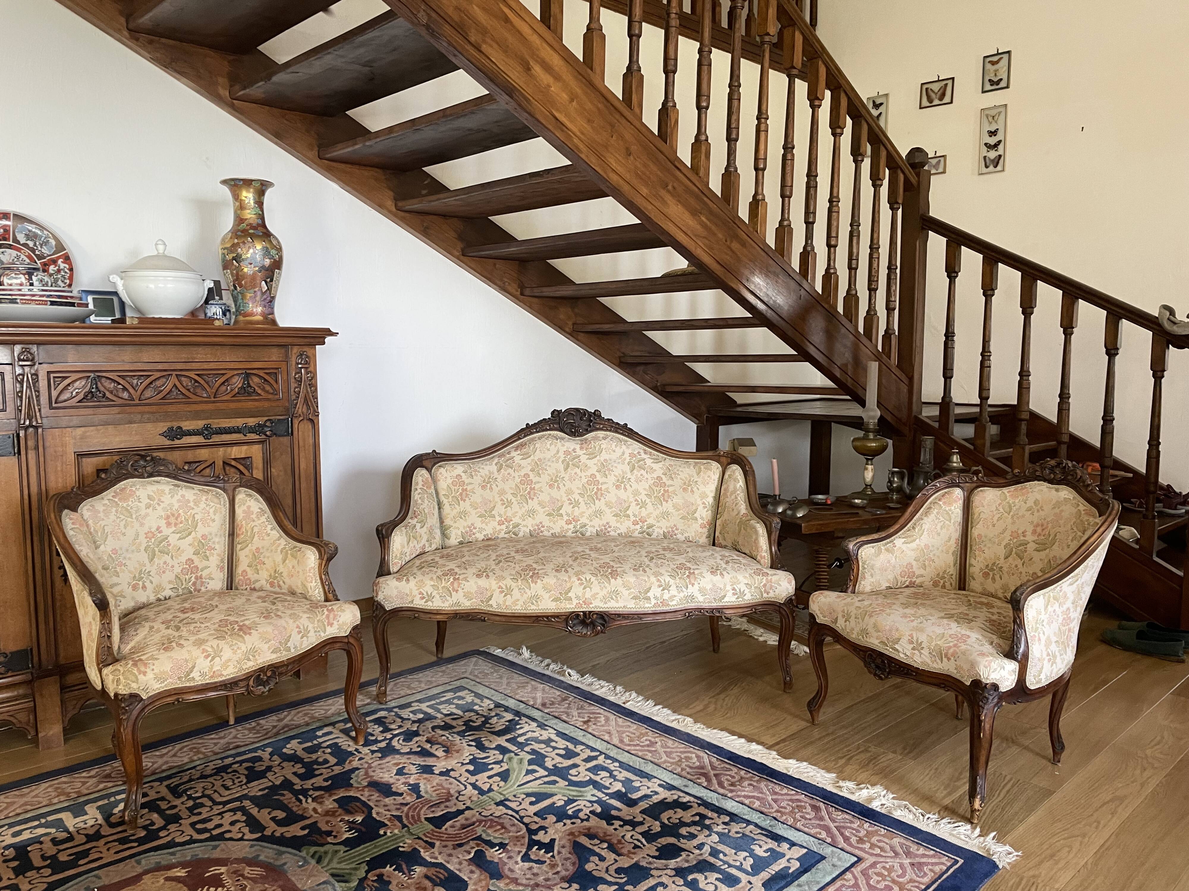 Sofa set + 2 armchairs in solid oak carved in Louis XVI style