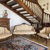 Sofa set + 2 armchairs in solid oak carved in Louis XVI style