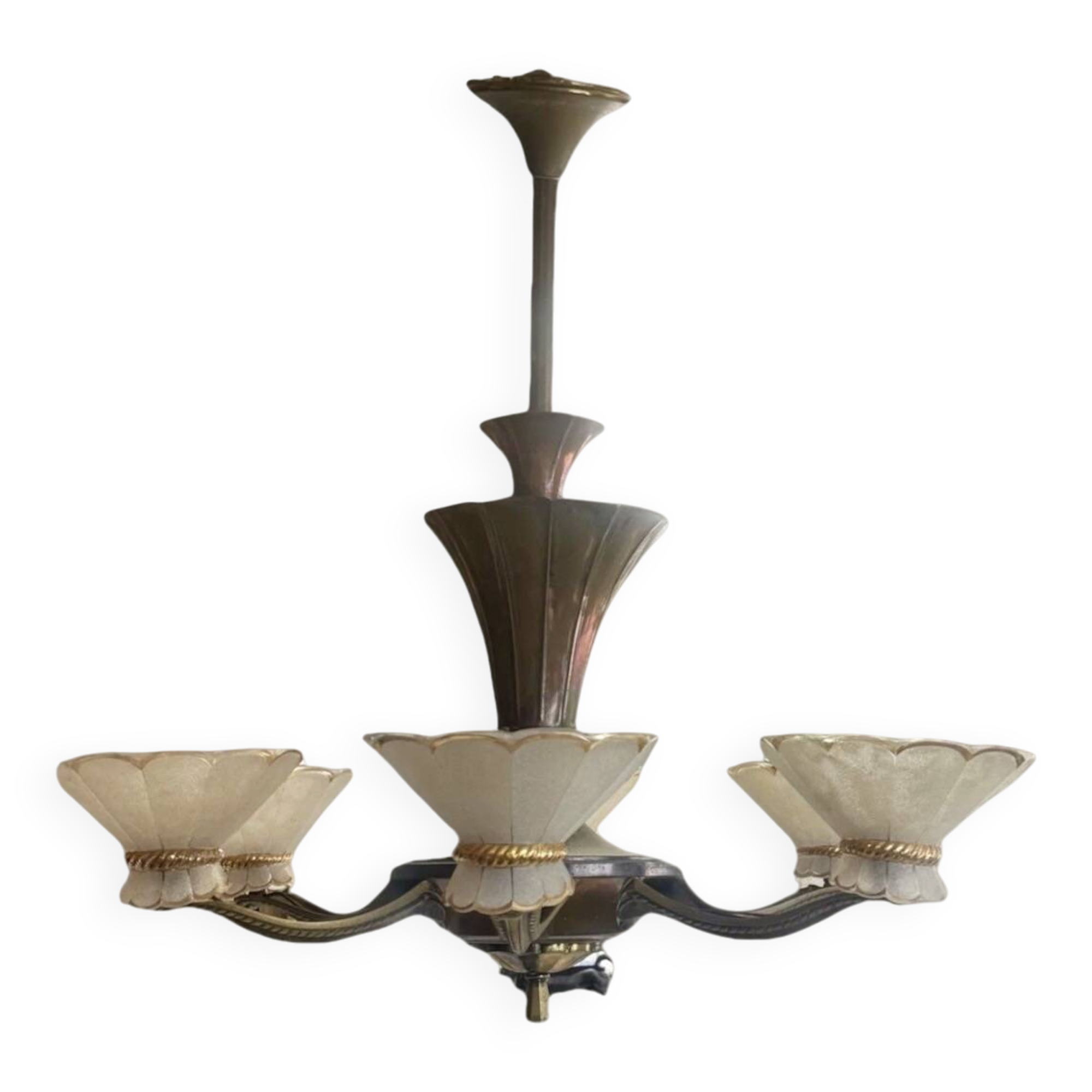Art Deco Chandelier with Six Lights in Bronze and Frosted Glass, France, 1930s