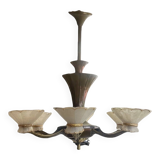 Art Deco Chandelier with Six Lights in Bronze and Frosted Glass, France, 1930s