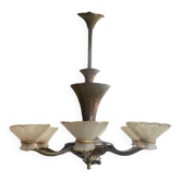 Lustre Art Déco à Six Lumières en Bronze et Verre Givré, France, 1930s