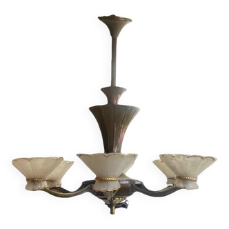 Art Deco Chandelier with Six Lights in Bronze and Frosted Glass, France, 1930s
